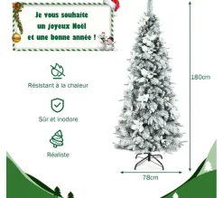 COSTWAY Sapin Et Accessoire^ Sapin De Noël Enneigees Longiligne 180 Cm Avec 300 Baies Blanches Et Roses Support Metallique Pliabl