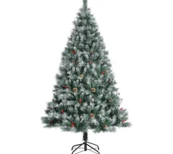 COSTWAY Sapin Et Accessoire^ Sapin De Noël Enneige Artificiel 180 Cm Avec 28 Pommes De Pin Baies Rouges 644 Rameaux Base Metalliq