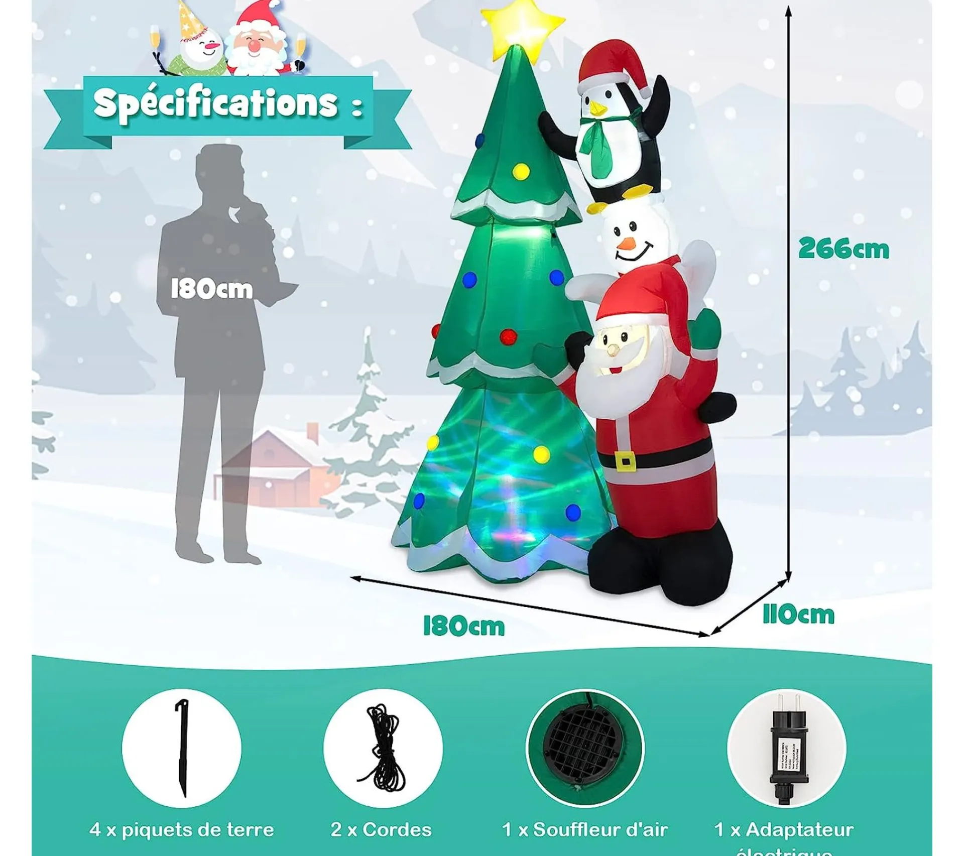 Best COSTWAY Sapin De Noël Gonflable De 266 Cm Avec Pere Noël, Pingouin, Décoration De Fete De Vacances