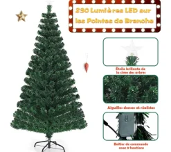 COSTWAY Sapin Et Accessoire^ Sapin De Noël Led 180 Cm Avec 230 Lumieres 8 Modes D Lluminations Fibre Optique Pre-Eclaire