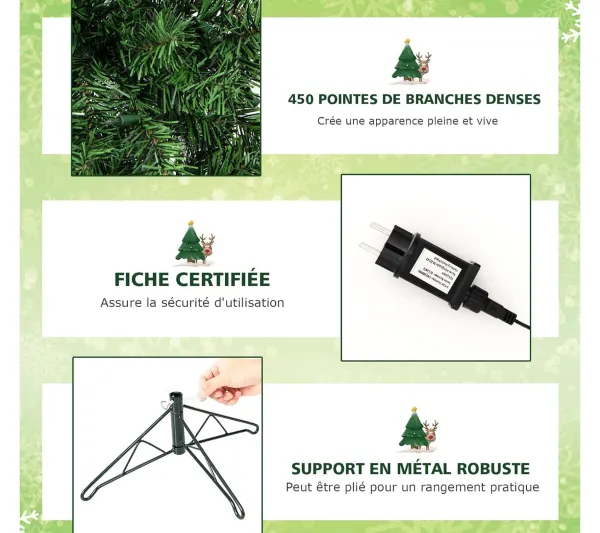 COSTWAY Sapin Et Accessoire^ Sapin De Noël Moitie Artificiel Pre-Illumine 210 Cm 150 Lumieres Led Blanc Chaud Arbre De Noël