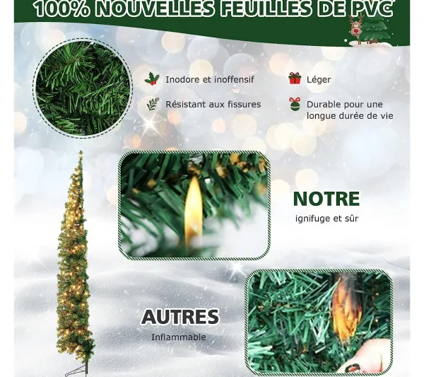 COSTWAY Sapin Et Accessoire^ Sapin De Noël Moitie Artificiel Pre-Illumine 210 Cm 150 Lumieres Led Blanc Chaud Arbre De Noël