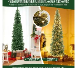 COSTWAY Sapin Et Accessoire^ Sapin De Noël Moitie Artificiel Pre-Illumine 210 Cm 150 Lumieres Led Blanc Chaud Arbre De Noël