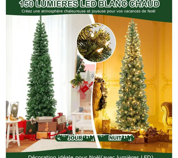 COSTWAY Sapin Et Accessoire^ Sapin De Noël Moitie Artificiel Pre-Illumine 210 Cm 150 Lumieres Led Blanc Chaud Arbre De Noël
