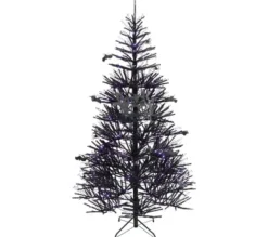 COSTWAY Sapin Et Accessoire^ Sapin De Noël Noir 180 Cm, 250 Lumieres Led Violette Et Accessoires D'Halloween