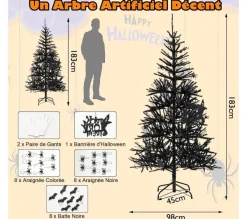 COSTWAY Sapin Et Accessoire^ Sapin De Noël Noir 180 Cm, 250 Lumieres Led Violette Et Accessoires D'Halloween