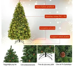 COSTWAY Sapin Et Accessoire^ Sapin De Noël/Arbre De Noël Artificiel Avec Lumiere Led Blanc Chaud, Pommes De Pin Et Pied En Metal