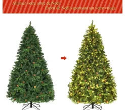 COSTWAY Sapin Et Accessoire^ Sapin De Noël/Arbre De Noël Artificiel Avec Lumiere Led Blanc Chaud, Pommes De Pin Et Pied En Metal