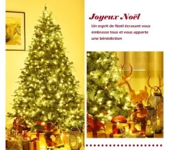 COSTWAY Sapin Et Accessoire^ Sapin De Noël/Arbre De Noël Artificiel Avec Lumiere Led Blanc Chaud, Pommes De Pin Et Pied En Metal