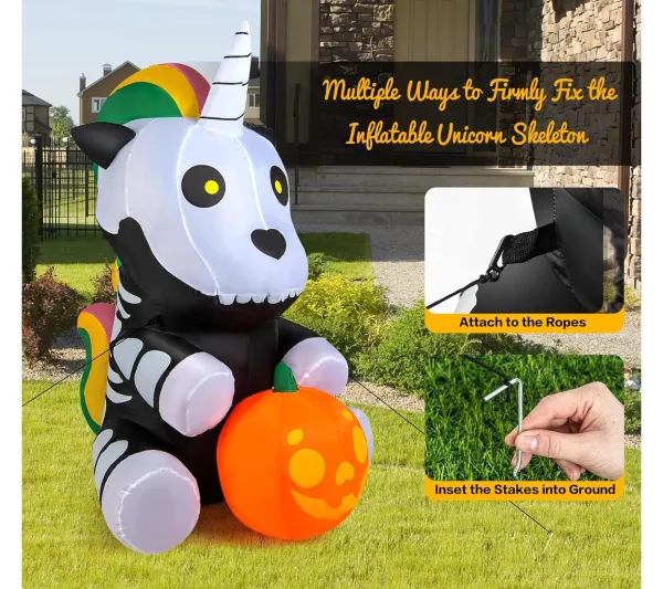COSTWAY Anniversaire Et Autres Fêtes^ Squelette De Licorne Gonflable D'Halloween De 150 Cm Avec Citrouille, Décoration D'Halloween