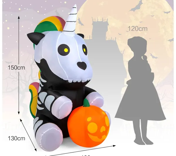 COSTWAY Anniversaire Et Autres Fêtes^ Squelette De Licorne Gonflable D'Halloween De 150 Cm Avec Citrouille, Décoration D'Halloween
