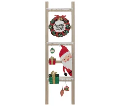 Discount FEERIC LIGHTS AND CHRISTMAS Pancarte Echelle Joyeux Noël En Bois Avec Pere Noël Et Couronne H 65 Cm
