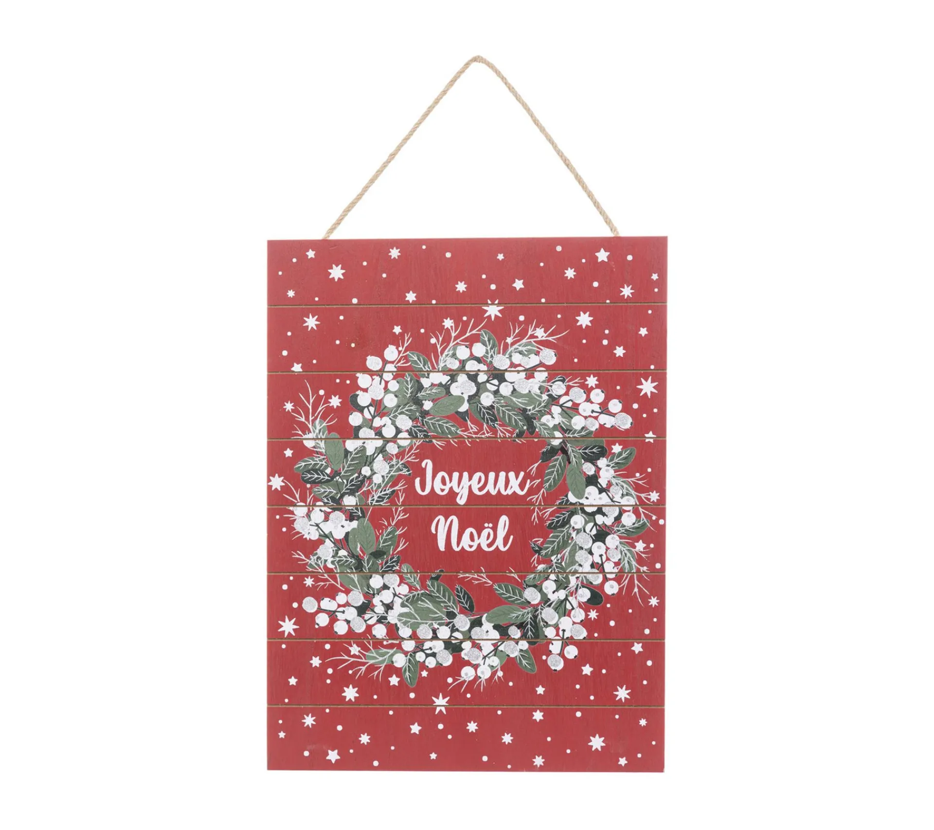 Outlet FEERIC LIGHTS AND CHRISTMAS Pancarte Joyeux Noël En Bois Fond Rouge Avec Couronne H 40 Cm