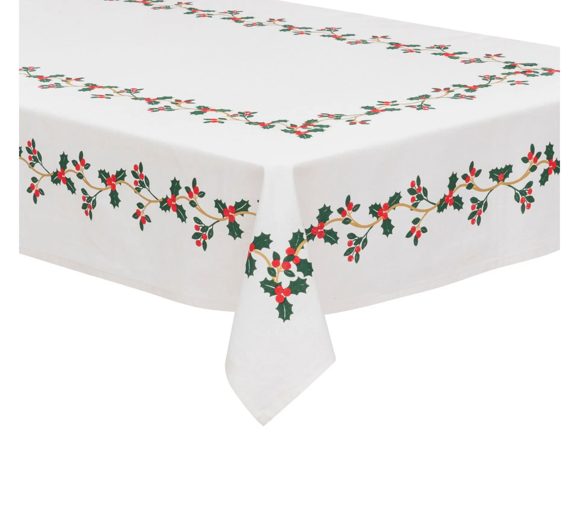 Discount FEERIC LIGHTS AND CHRISTMAS Nappe En Coton Blanc Imprime Houx Et Baies Rouges Finition Dore 140 X 240 Cm