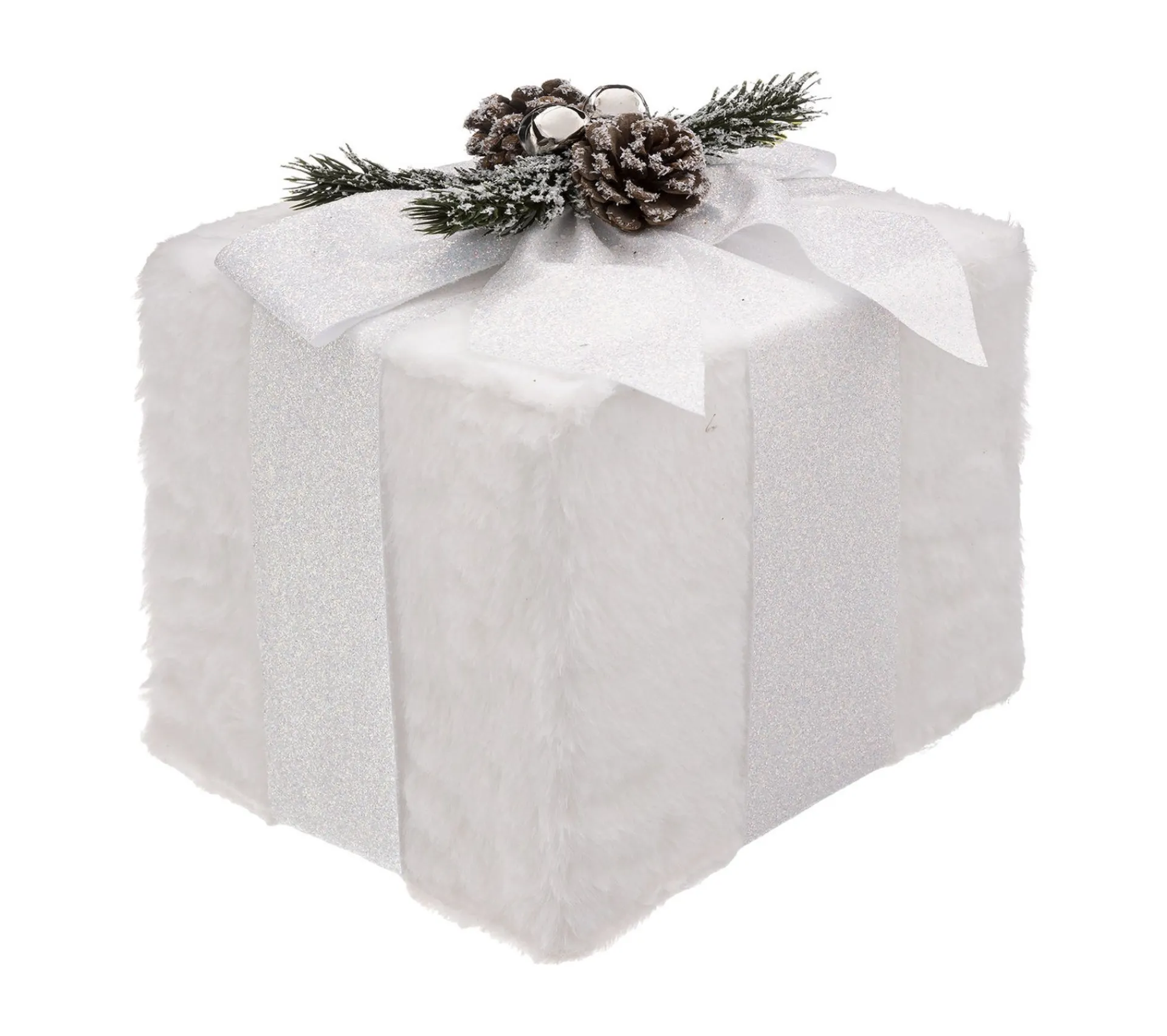 Discount FEERIC LIGHTS AND CHRISTMAS Déco De Noël Paquet Cadeau Fourrure Blanche Et Ruban Paillete 20 X 25 Cm