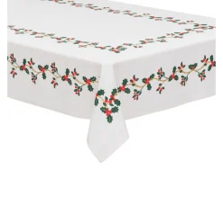 Hot FEERIC LIGHTS AND CHRISTMAS Nappe En Coton Blanc Imprime Houx Et Baies Rouges Finition Dore 140 X 360 Cm