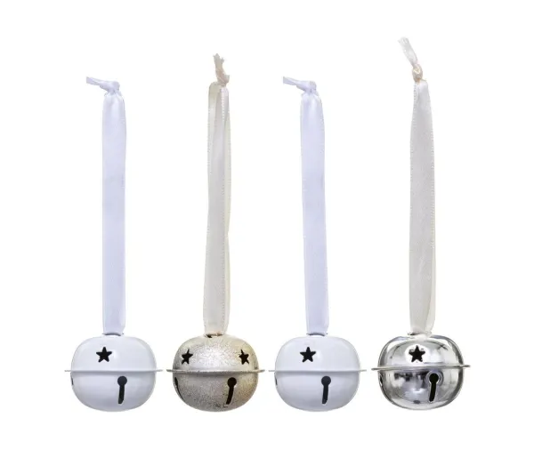 FEERIC LIGHTS AND CHRISTMAS Guirlande Et Boule De Sapin^ Sujet De Noël Lot De 4 Grelots En Metal D4 Cm Avec Ruban - Or Et Blanc