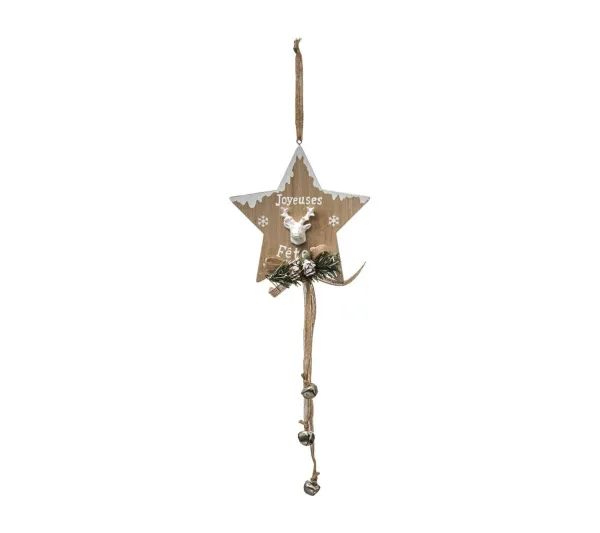 FEERIC LIGHTS AND CHRISTMAS Guirlande Et Boule De Sapin^ Sujet De Noël A Suspendre Forme En Bois Avec Grelots H 50 Cm