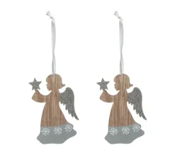 FEERIC LIGHTS AND CHRISTMAS Guirlande Et Boule De Sapin^ Sujet De Noël A Suspendre Lot De 2 Anges En Bois Paillete Et Bicolore H 9.9 Cm