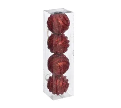 FEERIC LIGHTS AND CHRISTMAS Guirlande Et Boule De Sapin^ Déco De Sapin Lot De 4 Boules De Noël D 8 Cm Effet Maille - Rouge