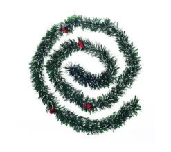 FEERIC LIGHTS AND CHRISTMAS Guirlande Et Boule De Sapin^ Guirlande De Noël Large 7.5 Cm Verte Finition Blanc Et Baies Rouges Longueur 2 Metres