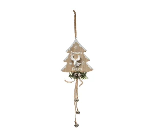 FEERIC LIGHTS AND CHRISTMAS Guirlande Et Boule De Sapin^ Sujet De Noël A Suspendre Forme En Bois Avec Grelots H 50 Cm