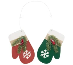 Clearance FEERIC LIGHTS AND CHRISTMAS Suspension De Noël Paire De Moufles Rouge Et Vert En Bois Avec Déco H 38 Cm