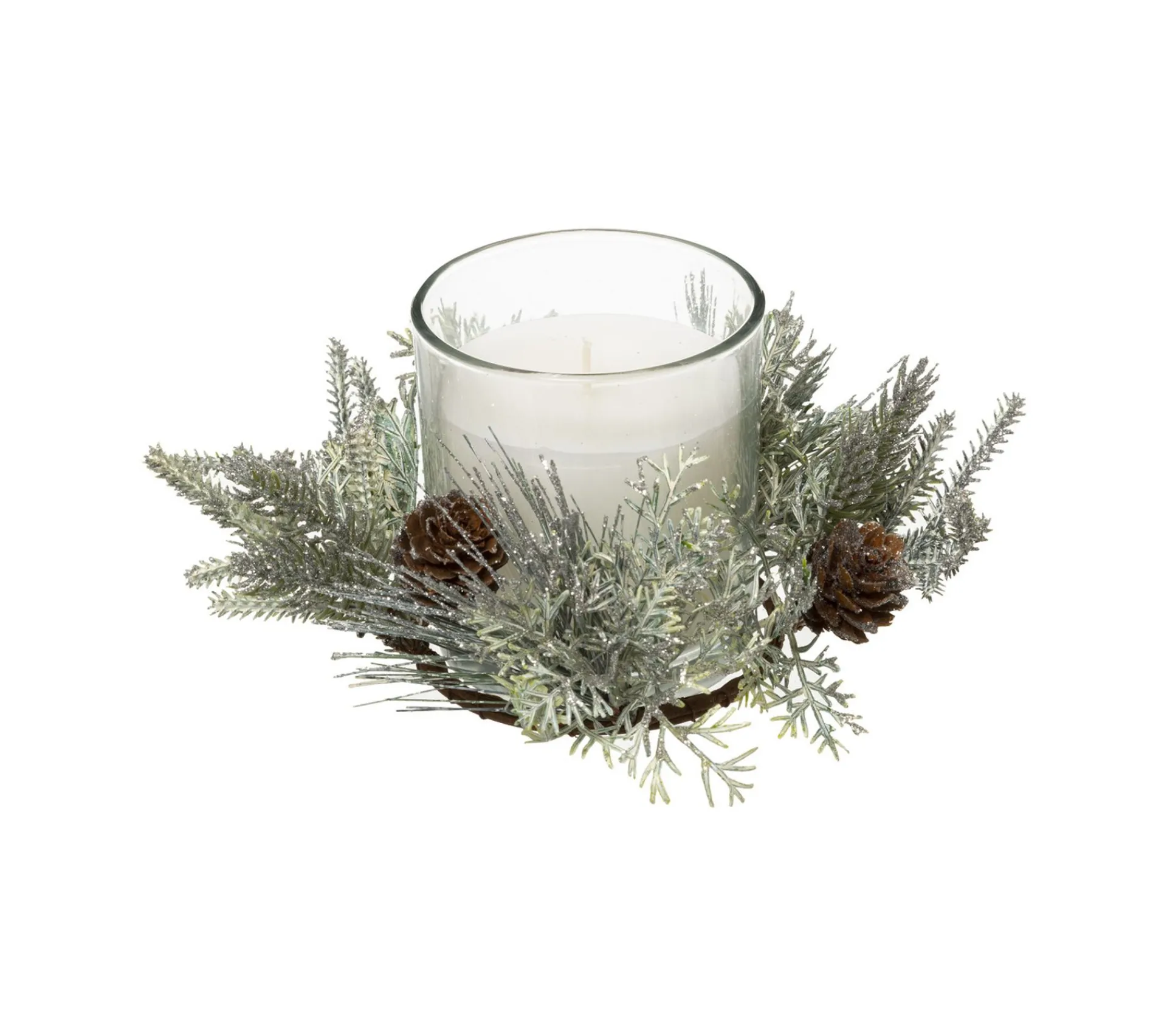 Flash Sale FEERIC LIGHTS AND CHRISTMAS Bougie Blanche Parfumee Centre De Table Pot En Verre Avec Déco Feuillage 210 G