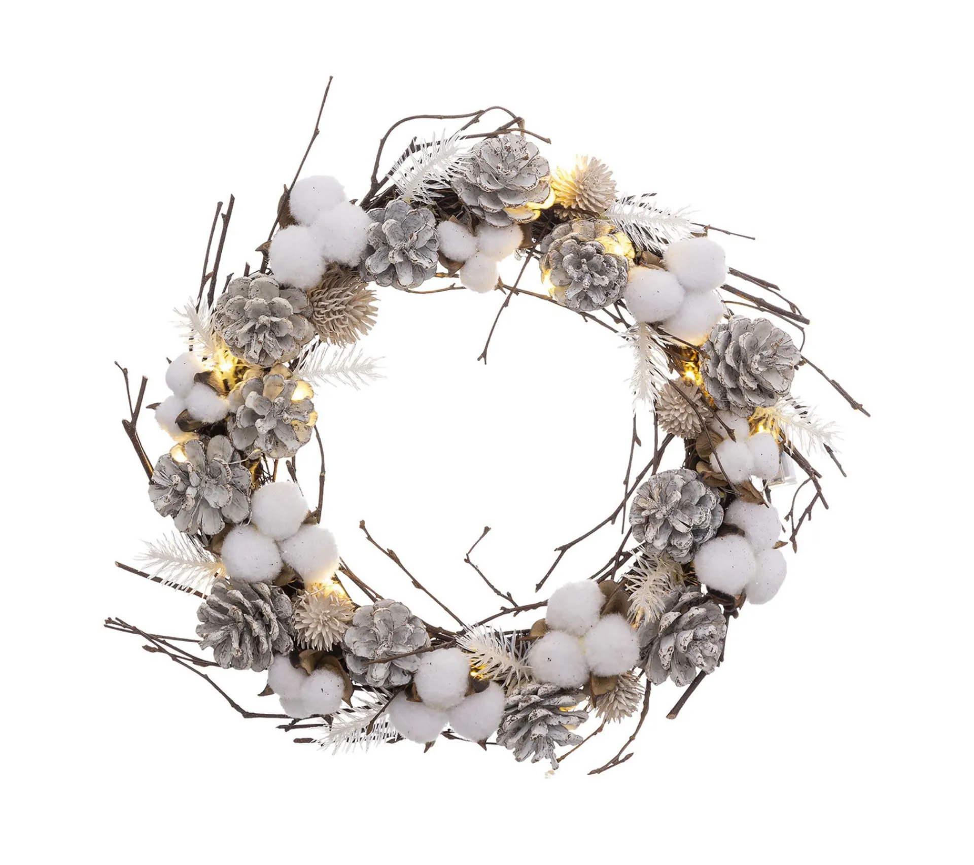 Best FEERIC LIGHTS AND CHRISTMAS Couronne De Noël En Bois Lumineuse A Led Branches Fleurs De Coton D 35 Cm