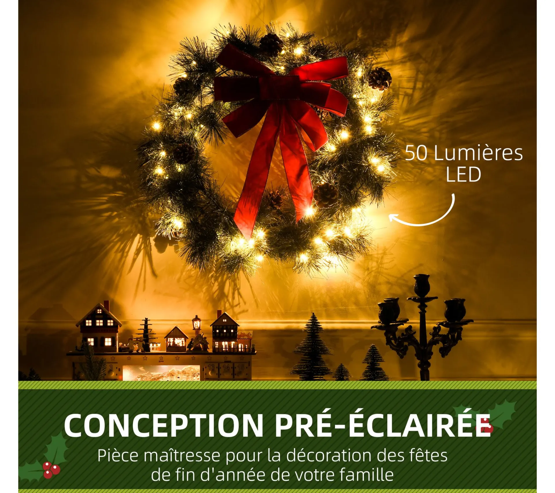 Discount HOMCOM Couronne De Noël Artificielle Lumineuse 60 Cm 50 Led Avec Décoration