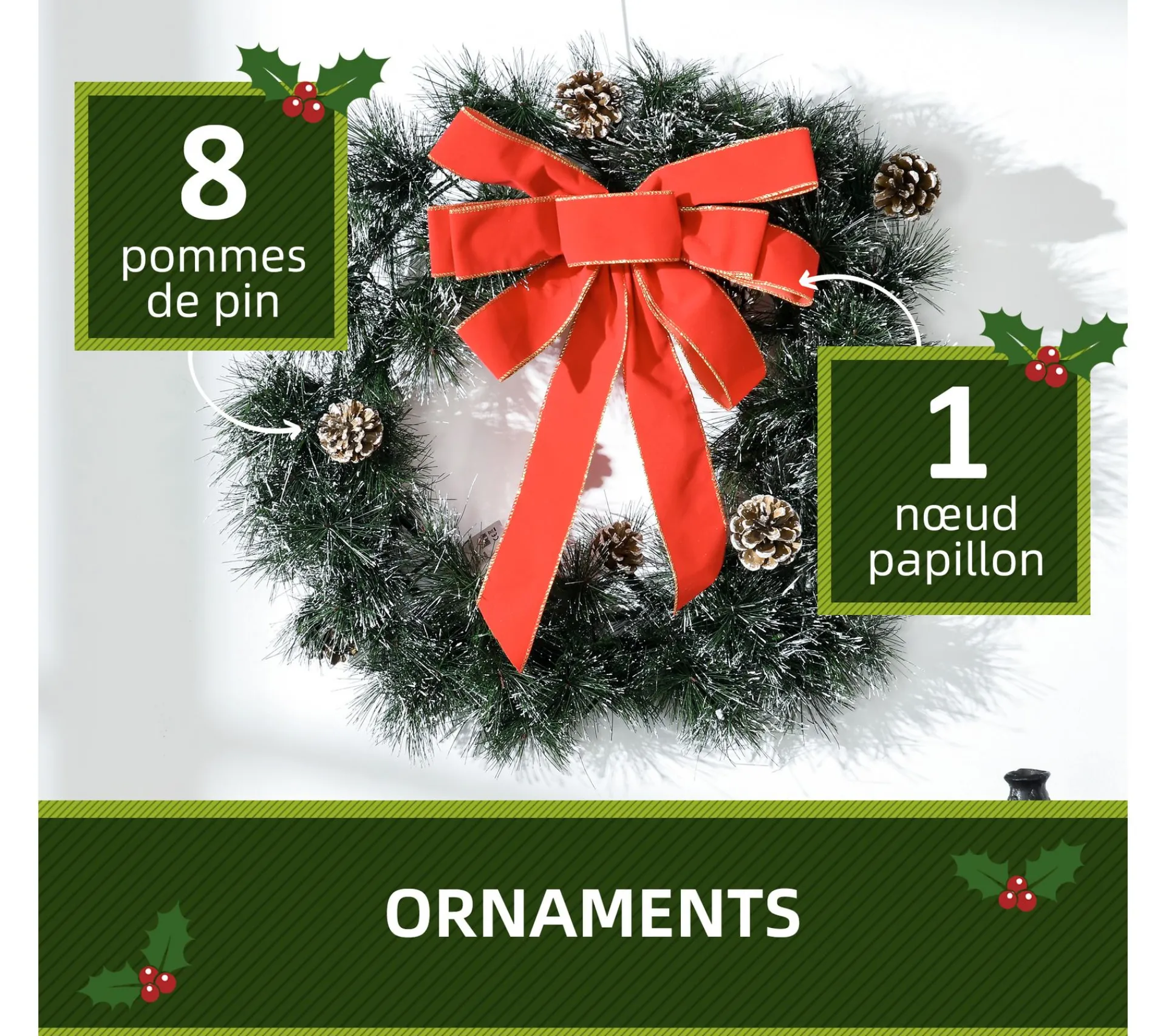 Discount HOMCOM Couronne De Noël Artificielle Lumineuse 60 Cm 50 Led Avec Décoration