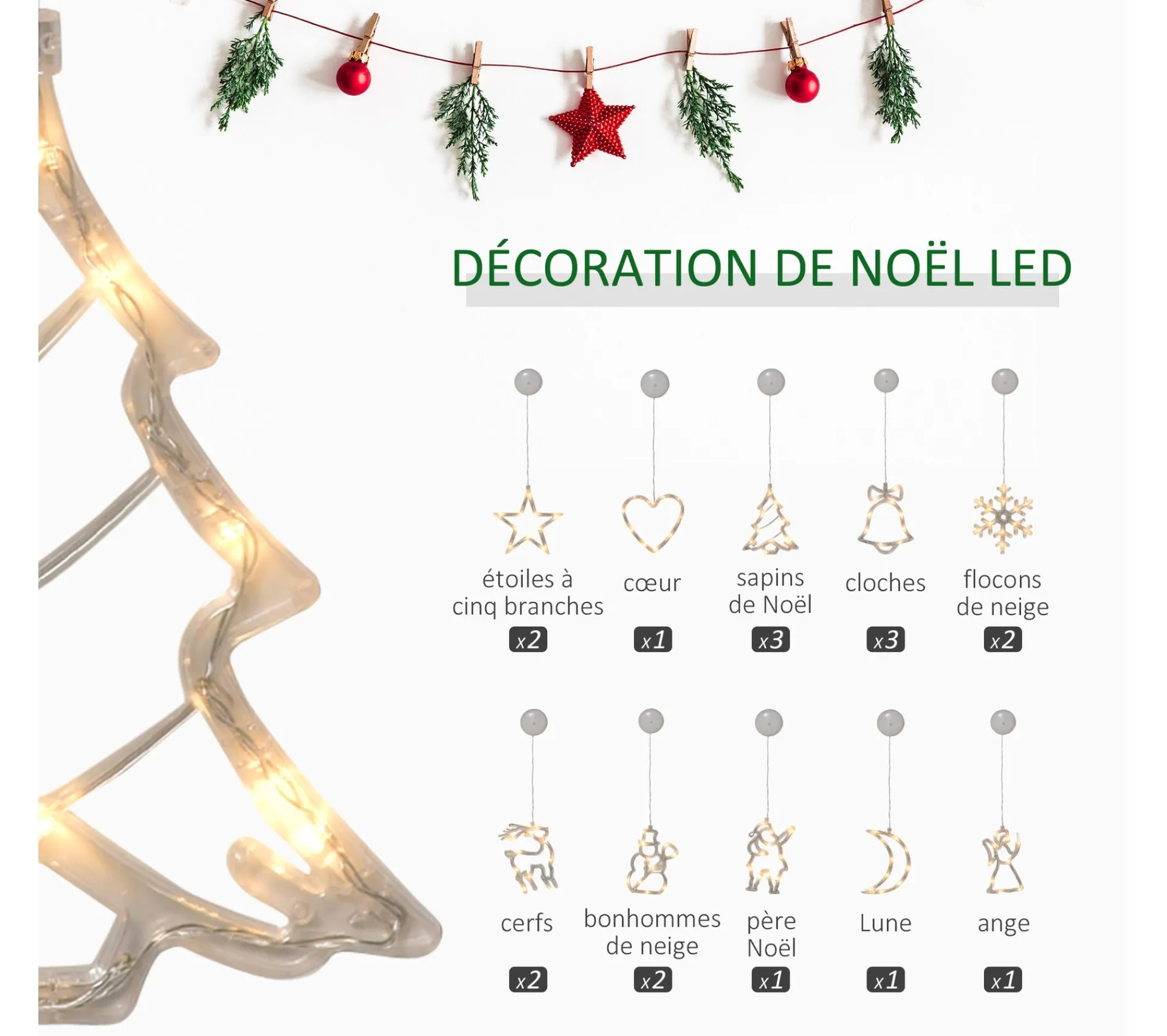 Online HOMCOM Décoration Lumineuse Led De Noël Pour Fenetre - 18 Pieces Avec Ventouses - Blanc Chaud