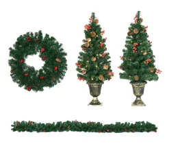 Cheap HOMCOM Lot De 4 Décorations De Noël Led - Couronne, Guirlande, 2 Sapins Avec Pots