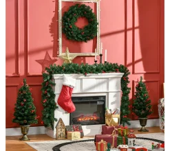 Cheap HOMCOM Lot De 4 Décorations De Noël Led - Couronne, Guirlande, 2 Sapins Avec Pots