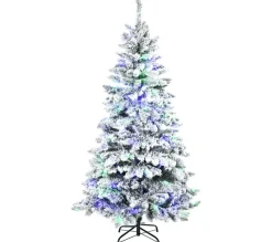 HOMCOM Sapin Et Accessoire^ Sapin De Noël Artificiel Aspect Enneige H. 180 Cm Lumineux Led Multicolore
