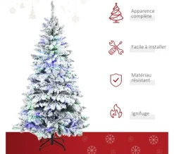 HOMCOM Sapin Et Accessoire^ Sapin De Noël Artificiel Aspect Enneige H. 180 Cm Lumineux Led Multicolore