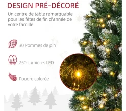 HOMCOM Sapin Et Accessoire^ Sapin De Noël Artificiel Lumineux Led X 250 Blanc Chaud H. 180 Cm Avec Décorations