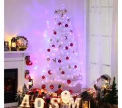 HOMCOM Sapin Et Accessoire^ Sapin De Noël Artificiel Blanc Lumineux 220 Led Couleurs 7 Modes Support Pied Inclus 80 X 180H Cm
