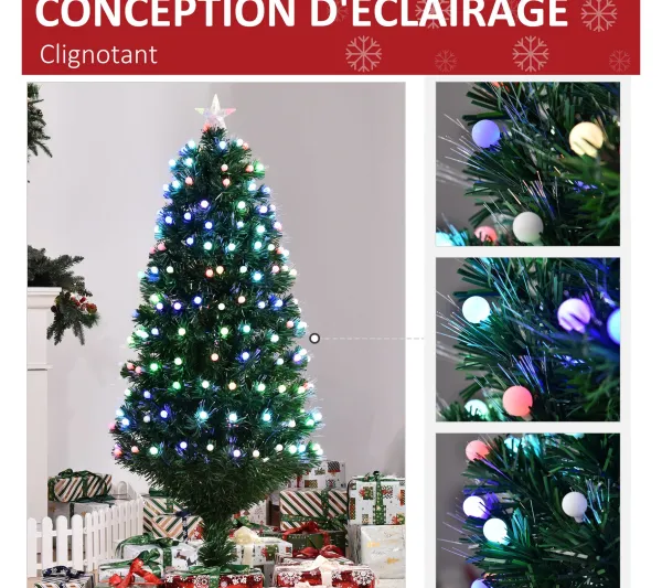 HOMCOM Sapin Et Accessoire^ Sapin De Noël Artificiel Lumineux Led Fibre Optique Multicolore