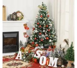 HOMCOM Sapin Et Accessoire^ Sapin De Noël Artificiel Enneigees 75 X 150H Cm 554 Branches Pines Imitation Nordmann 41 Houx