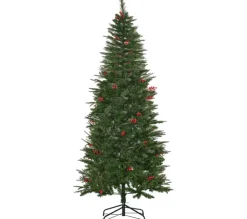 HOMCOM Sapin Et Accessoire^ Sapin De Noël Artificiel Décore H. 210 Cm 45 Baies Rouges