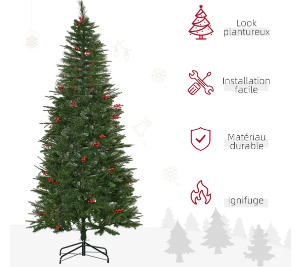 HOMCOM Sapin Et Accessoire^ Sapin De Noël Artificiel Décore H. 210 Cm 45 Baies Rouges