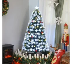 HOMCOM Sapin Et Accessoire^ Sapin De Noël Artificiel Lumineux Led + 20 Ampoules + Support Pied 63 X 120H Cm 130 Branches
