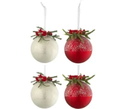 * Guirlande Et Boule De Sapin^Lot De 4 Boules De Noël "Baies Givrees" 10Cm Blanc Et Rouge