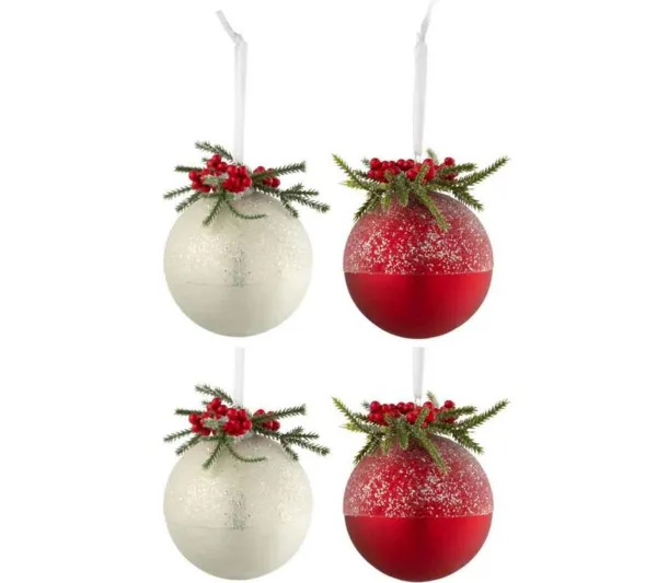 * Guirlande Et Boule De Sapin^Lot De 4 Boules De Noël "Baies Givrees" 10Cm Blanc Et Rouge
