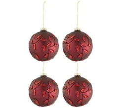 * Guirlande Et Boule De Sapin^Lot De 4 Boules De Noël "Feuilles" 10Cm Rouge Mat