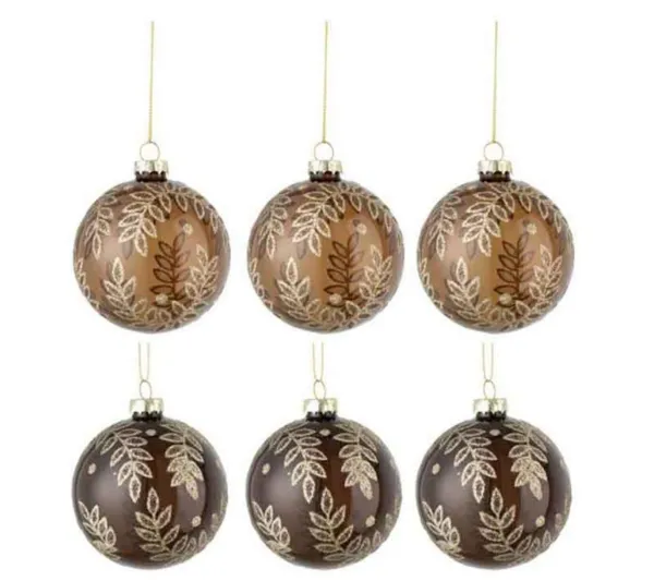 * Guirlande Et Boule De Sapin^Lot De 6 Boules De Noël "Feuilles" 8Cm Beige Et Marron
