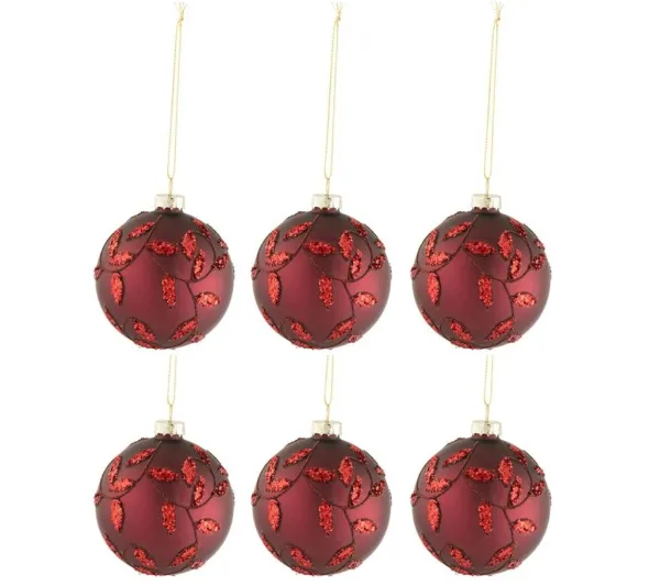 * Guirlande Et Boule De Sapin^Lot De 6 Boules De Noël "Feuilles" 8Cm Rouge Mat