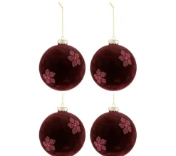 * Guirlande Et Boule De Sapin^Lot De 4 Boules De Noël "Fleurs Velours" 12Cm Rouge