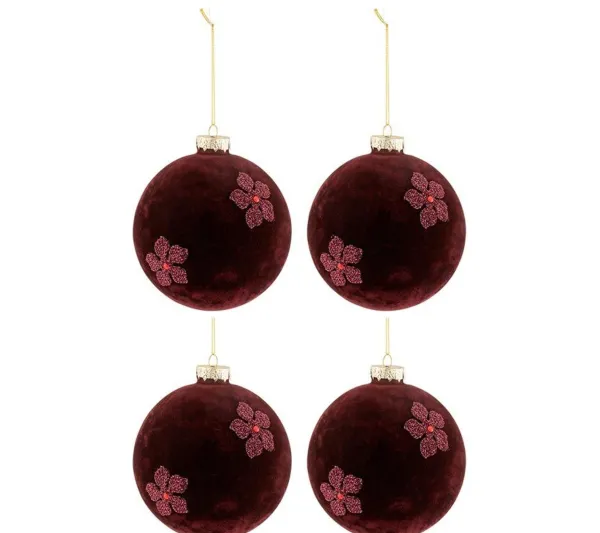 * Guirlande Et Boule De Sapin^Lot De 4 Boules De Noël "Fleurs Velours" 12Cm Rouge